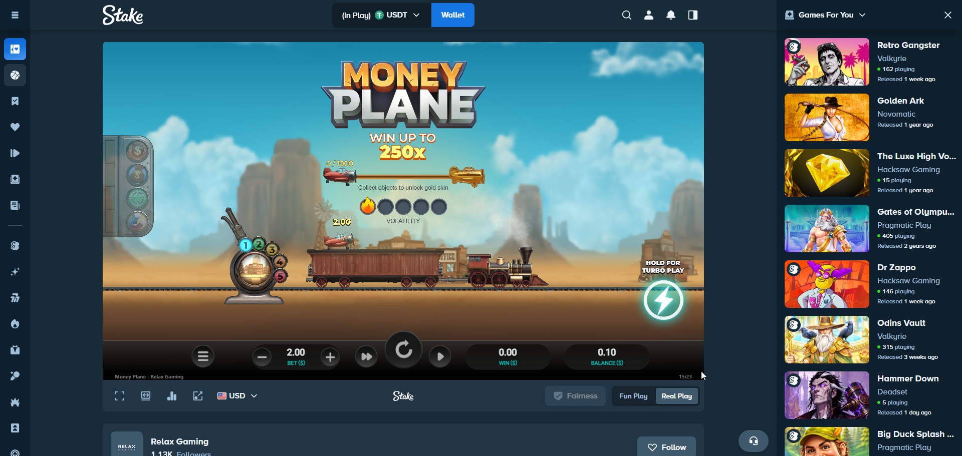 Money Plane at level 1, the western stage, showing the 250x maximum win