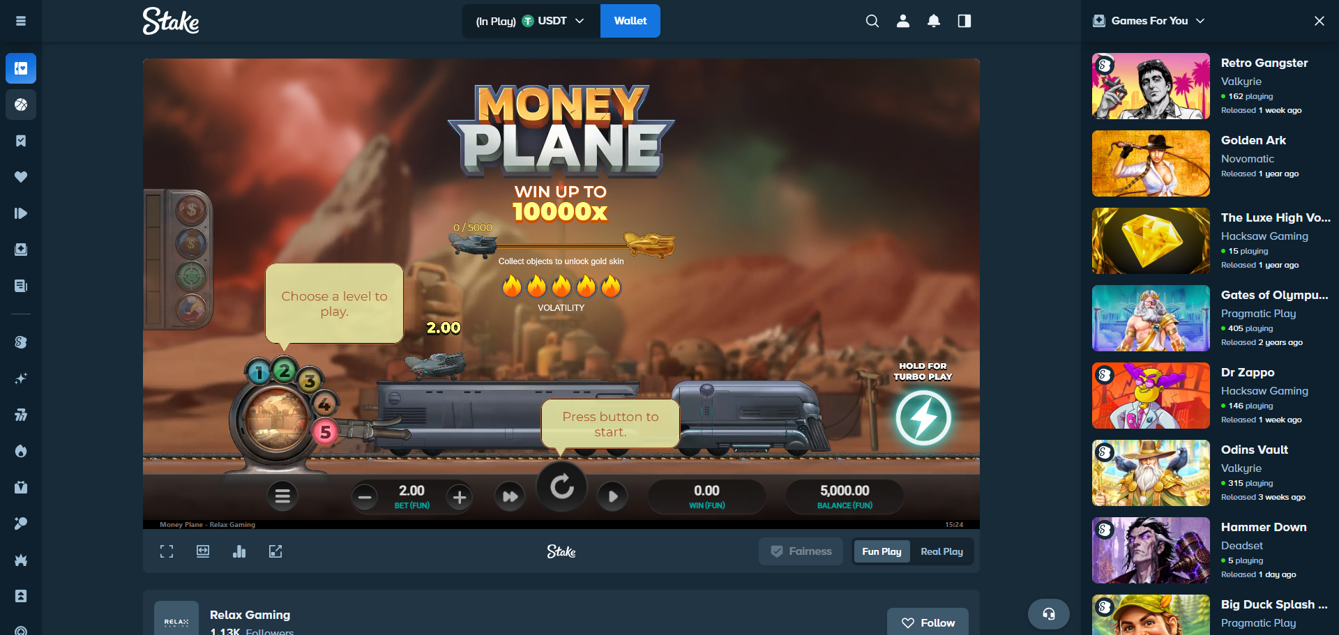 Money Plane at level 5, the Mars mining stage, showing the 10,000x maximum win
