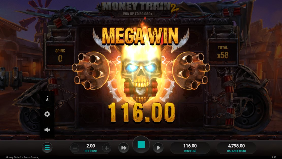 Money Train 2 Mega Win screen: 116.00 at a 2.00 stake (x58)