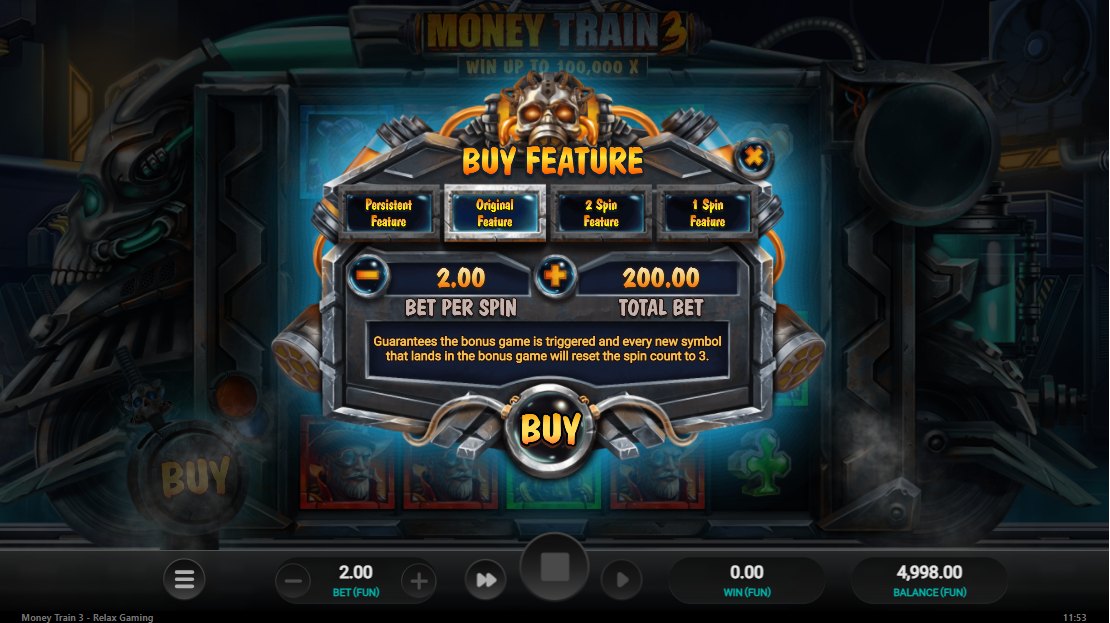 Money Train 3 Buy Feature menu: Persistent, Original, 3-spin and 1-spin options at a 2.00 stake