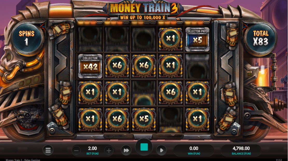 Money Train 3 Money Cart bonus in progress: Collector at x42, total x83