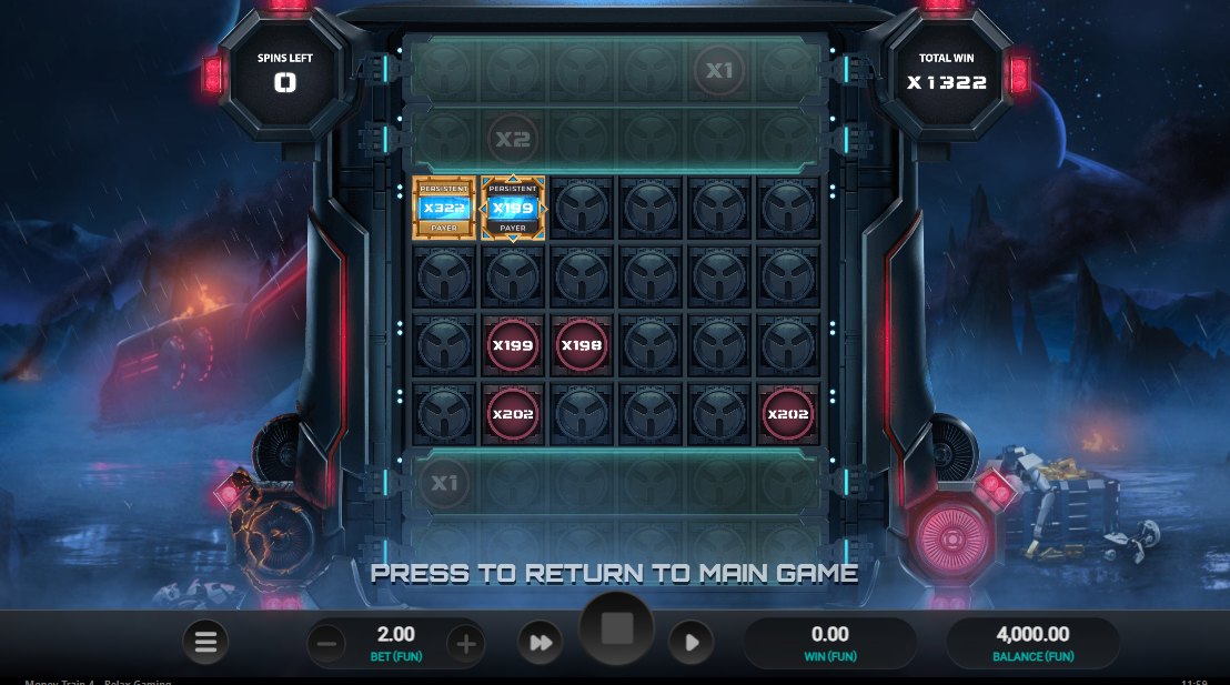Money Train 4 Money Cart grid at the end of a bonus round: total win x1,322