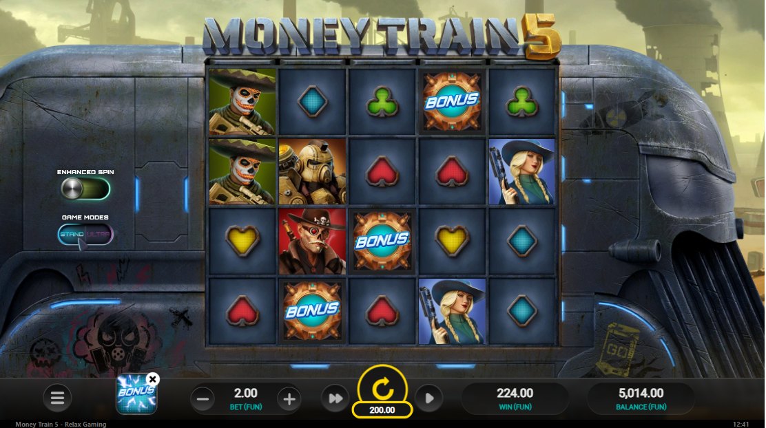 Money Train 5 base game: three Bonus symbols land; Enhanced Spin and Ultra mode switches on the left
