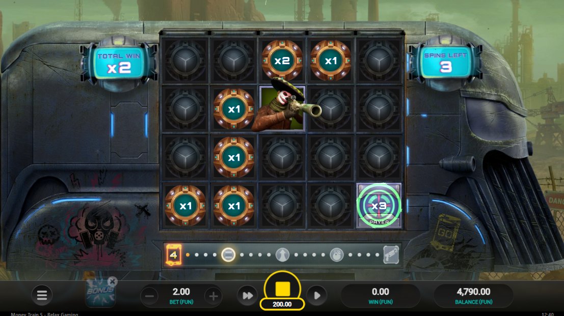 Money Train 5 free spins in progress: the station track at the bottom, 3 spins left
