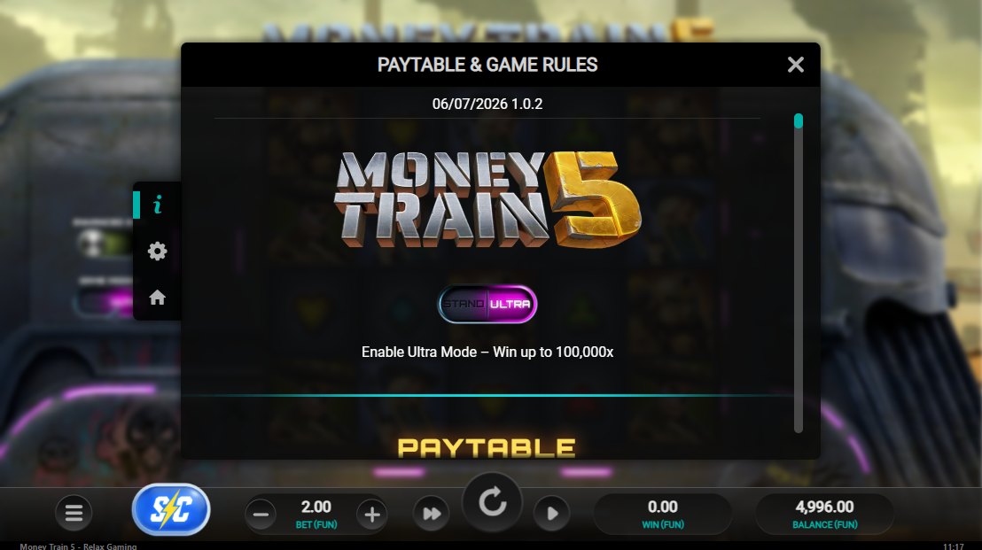 Money Train 5 intro screen: Enable Ultra Mode — win up to 100,000x