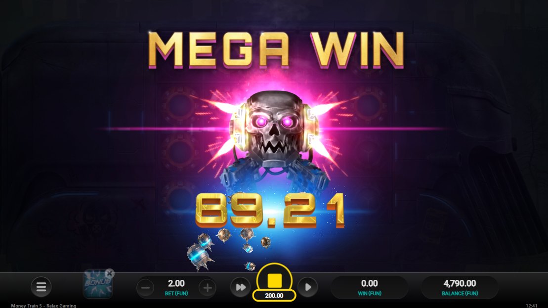 Money Train 5 Mega Win screen: 89.21 at a 2.00 stake