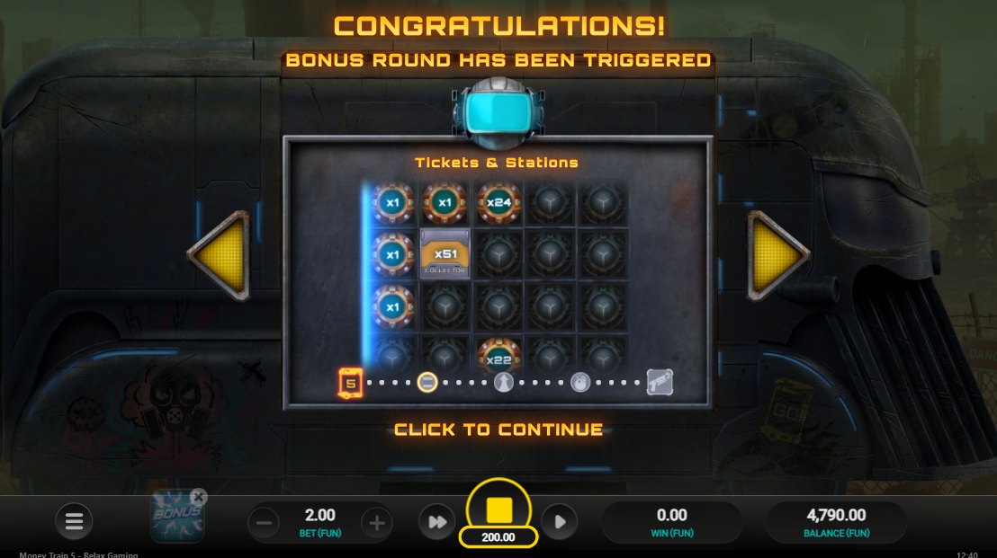 Money Train 5 bonus round triggered: the Tickets & Stations screen