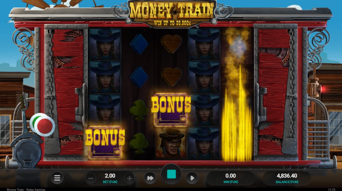 Money Train base game: 5x4 reels with Bonus symbols landing (demo play)
