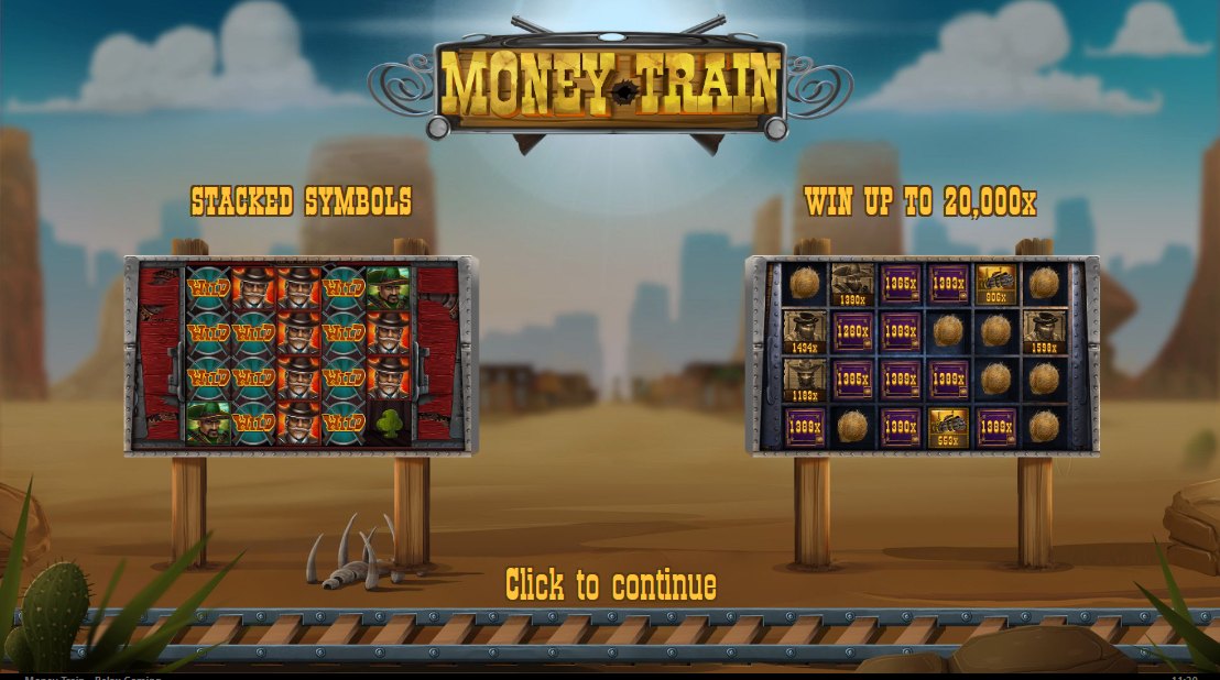 Money Train (Relax Gaming) intro screen: stacked symbols and win up to 20,000x