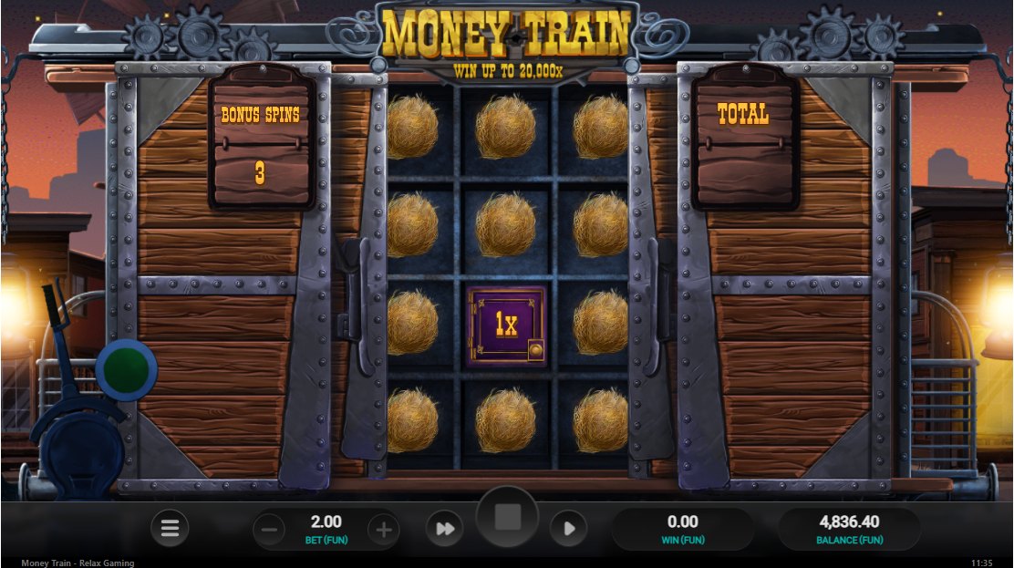 Money Train Money Cart bonus in progress with 3 bonus spins left