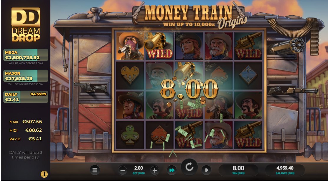 Money Train Origins Dream Drop base game with the jackpot panel (Mega, Major, Daily)