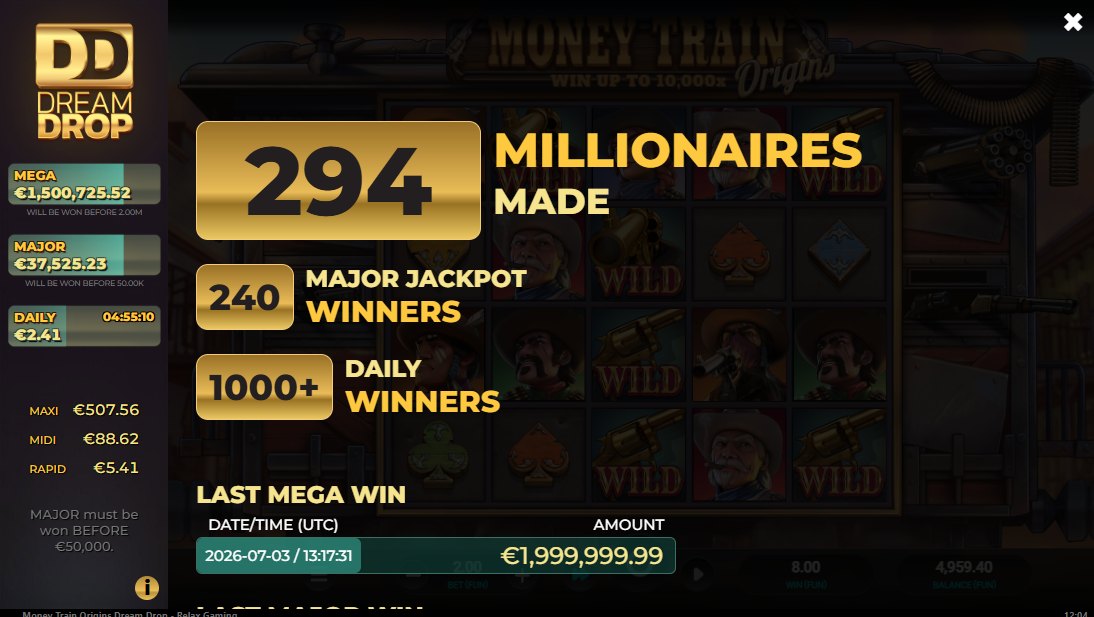 Dream Drop network statistics shown inside Money Train Origins: millionaires made and jackpot winners