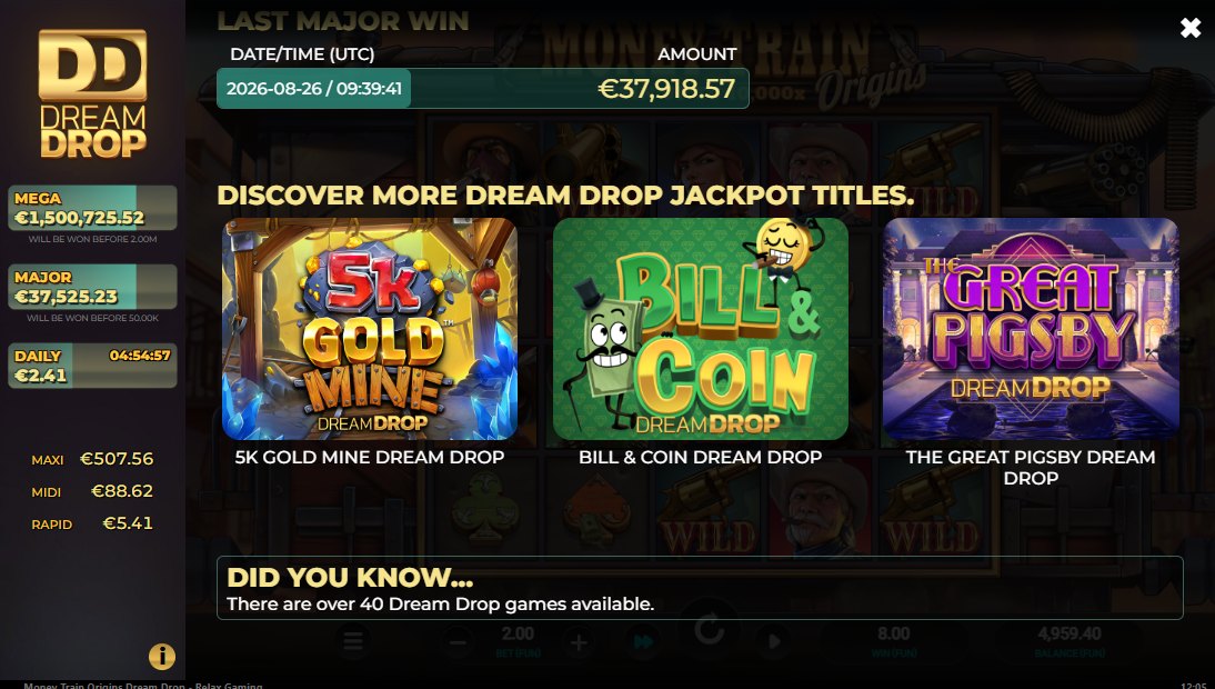 Money Train Origins info screen listing other Dream Drop jackpot titles