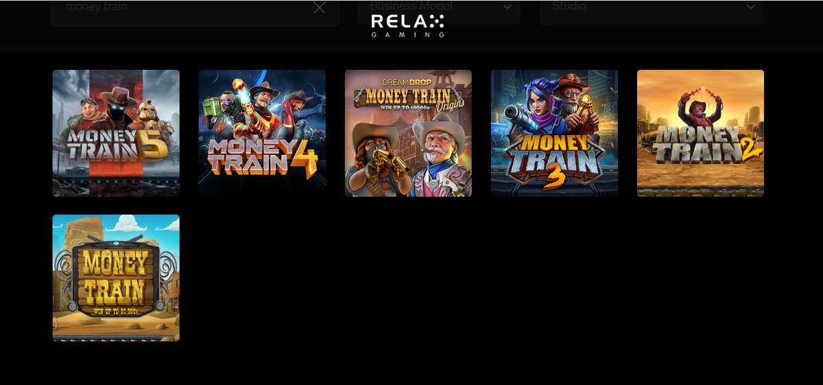 All six Money Train games by Relax Gaming: Money Train 5, 4, Origins Dream Drop, 3, 2 and the original
